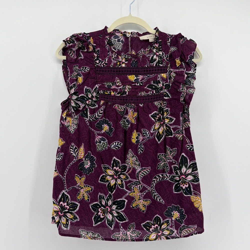 LOFT Womens XS Purple Floral Batik Sleeveless Blouse Ruffle Crochet Lace Top